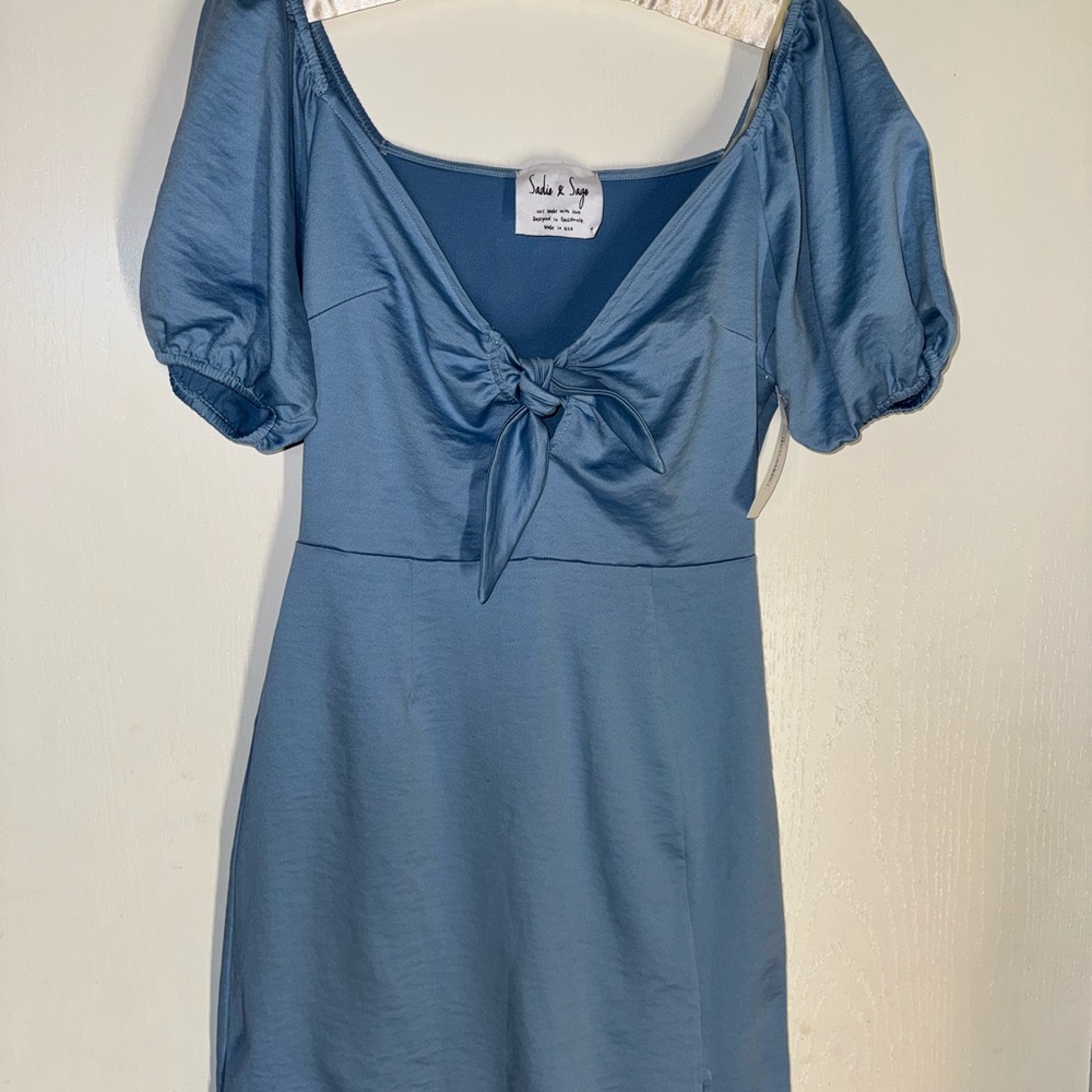 - Sadie & Sage Blue Tie Front Puff Sleeve Mini Dress